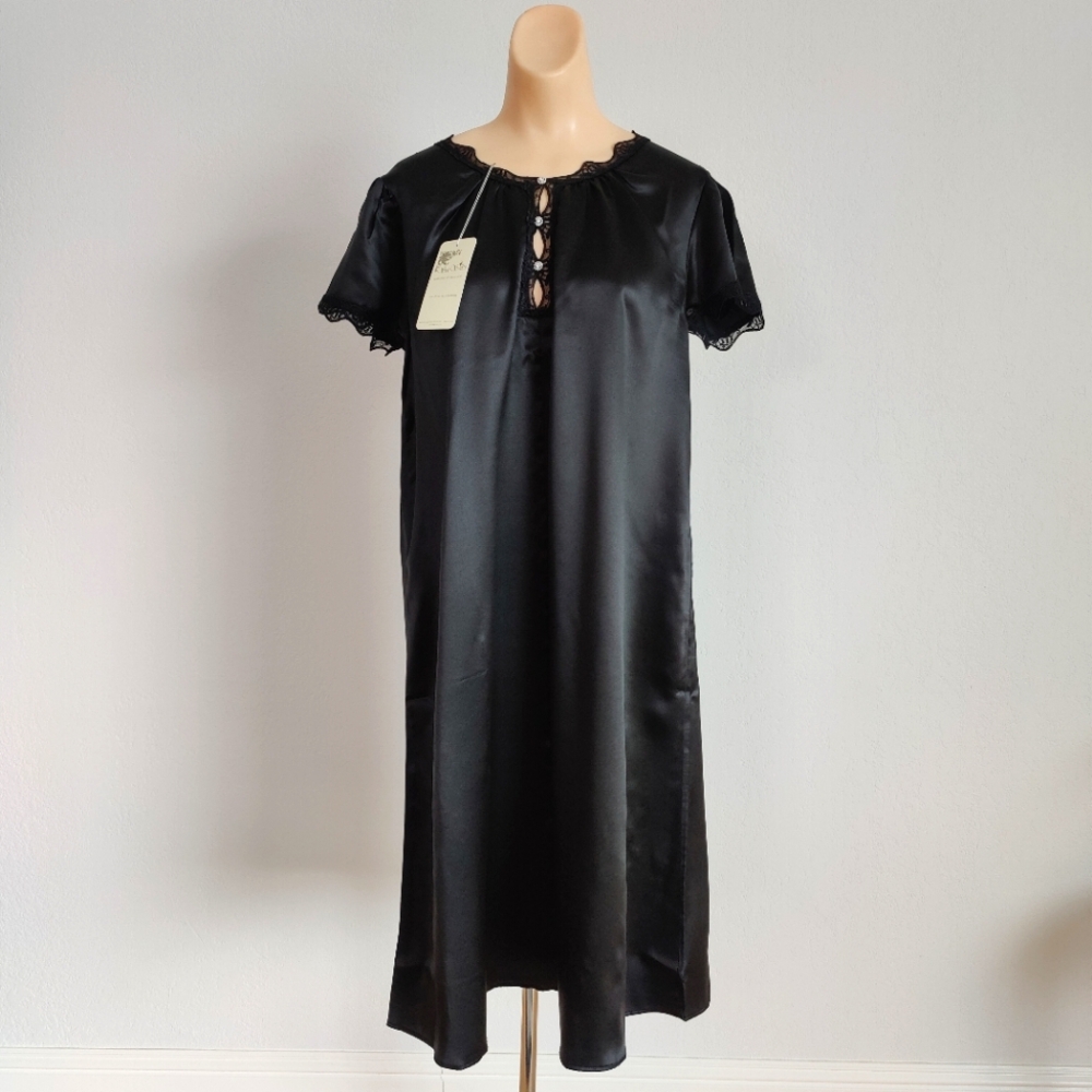 NWT Vintage Silk Nightgown | Satin Lingerie Dress with Cap Sleeves- Black